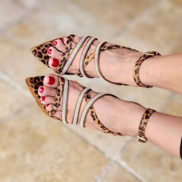 Women's Leopard Print Rhinestone Strappy High Heels - Picture 1 of 4
